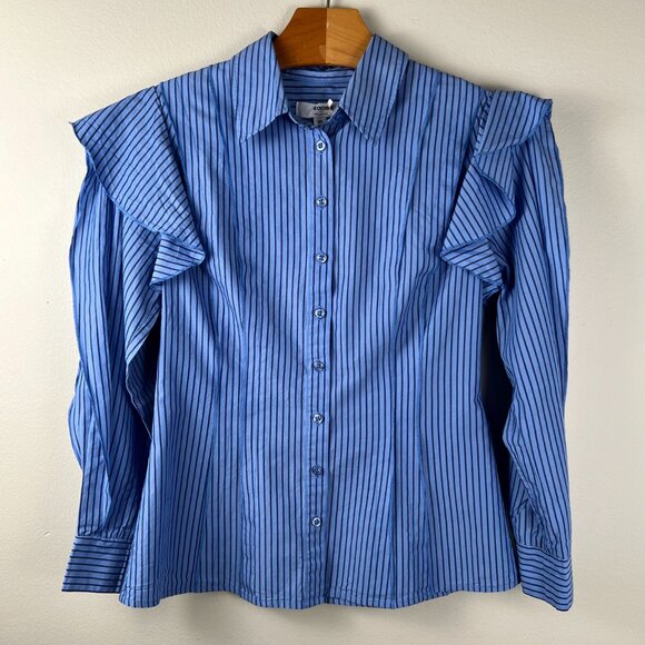 Koche Collective Pinstripe Ruffle Button Down Shirt - Picture 8 of 9